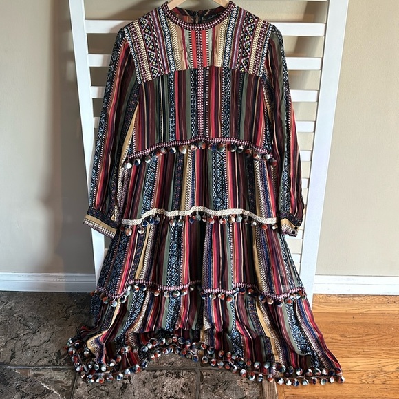 Zara Multicolor Pom Pom Trim Tiered Boho Maxi Dress Size Medium - Picture 3 of 16